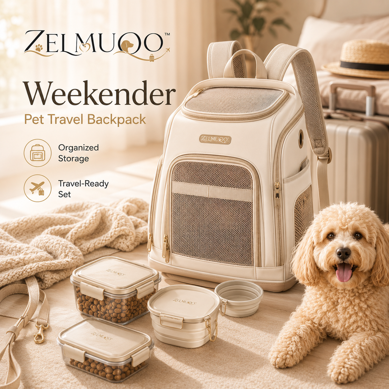 ZELMUQO™ Weekender Pet Travel Backpack with Food Containers & Bowls
