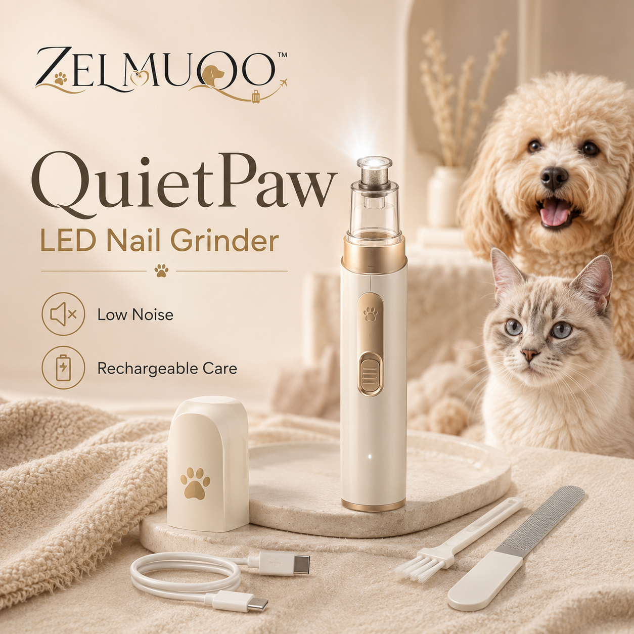 ZELMUQO™ QuietPaw LED Low-Noise Rechargeable Pet Nail Grinder
