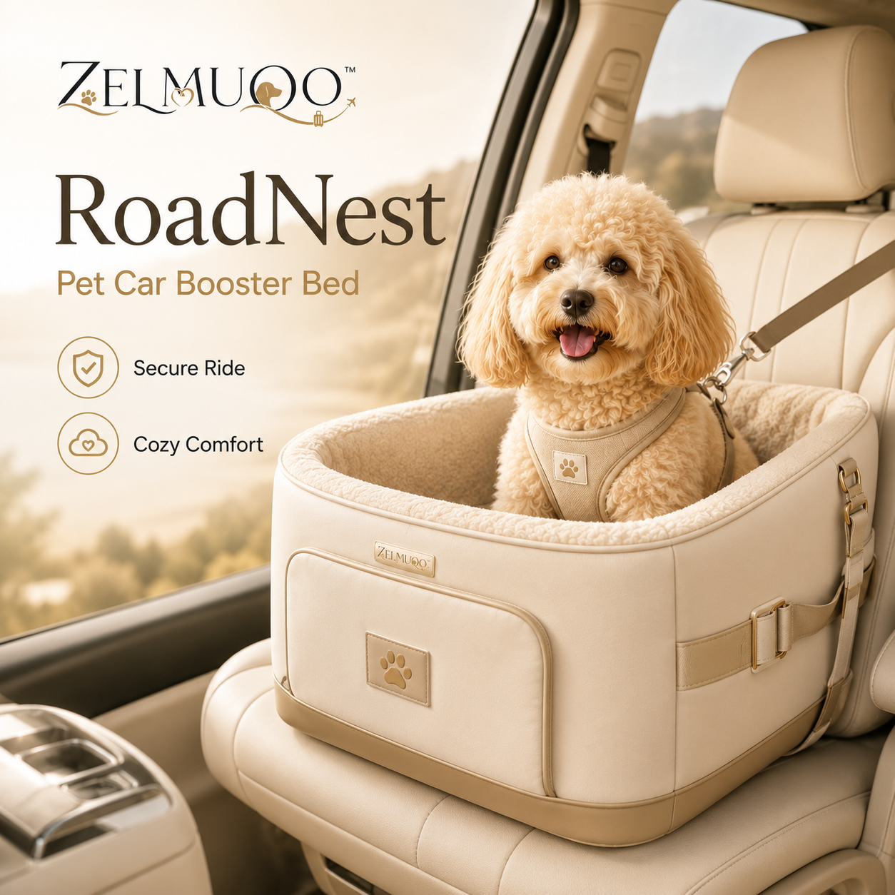 ZELMUQO™ RoadNest Small Dog Car Booster Bed & Secure Travel Seat